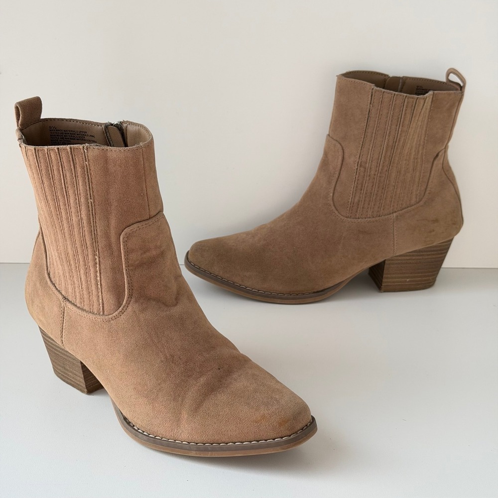 Universal Thread Western Ankle Boots Women 9.5 Brown Suede Block Heel Side Zip
